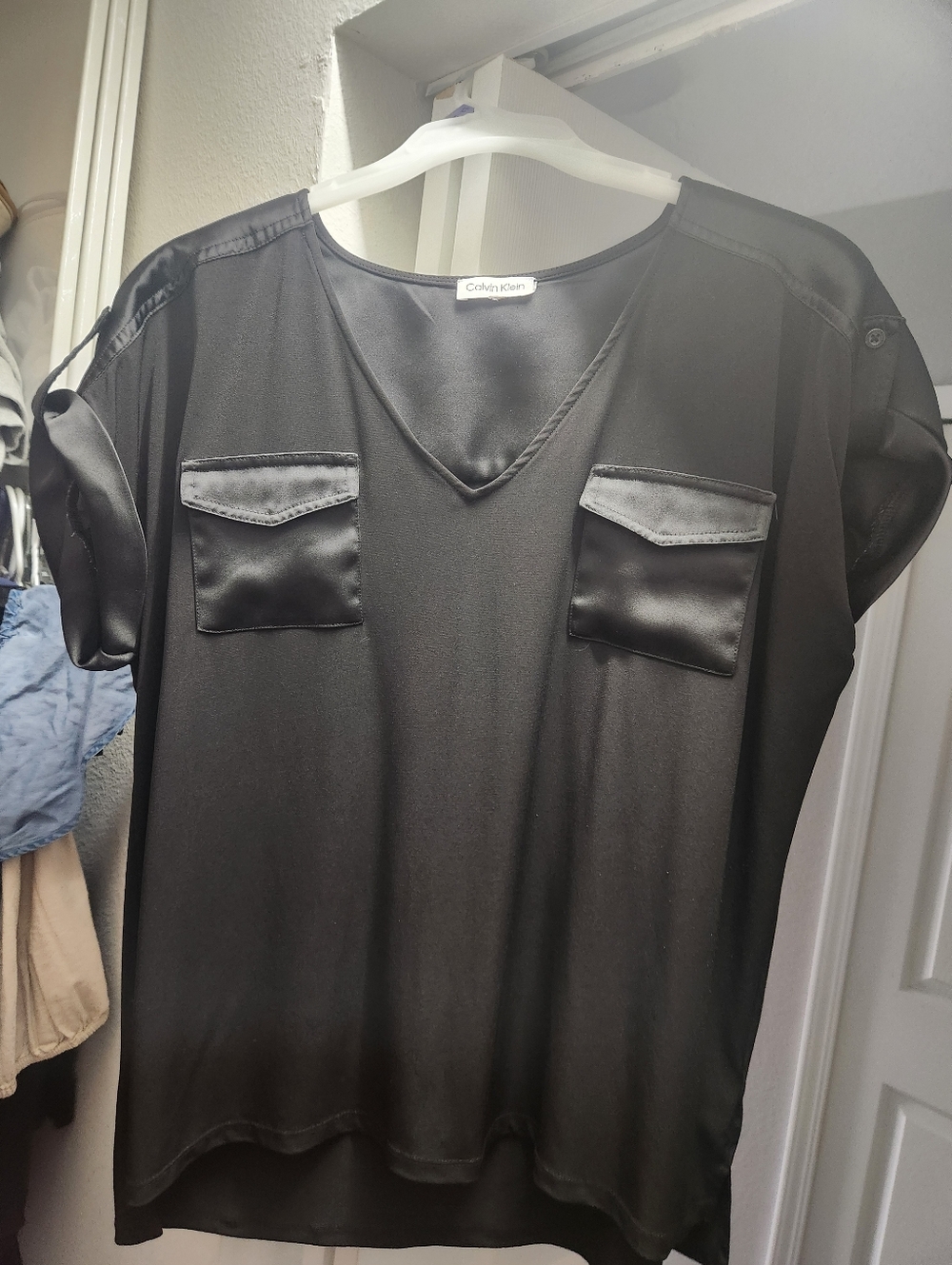 Calvin Klein Black Satin Pocket V-Neck Top